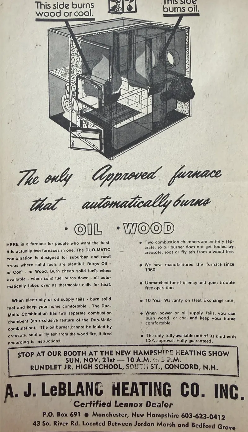 A.J. LeBlanc Heating newspaper ad from the 1970s