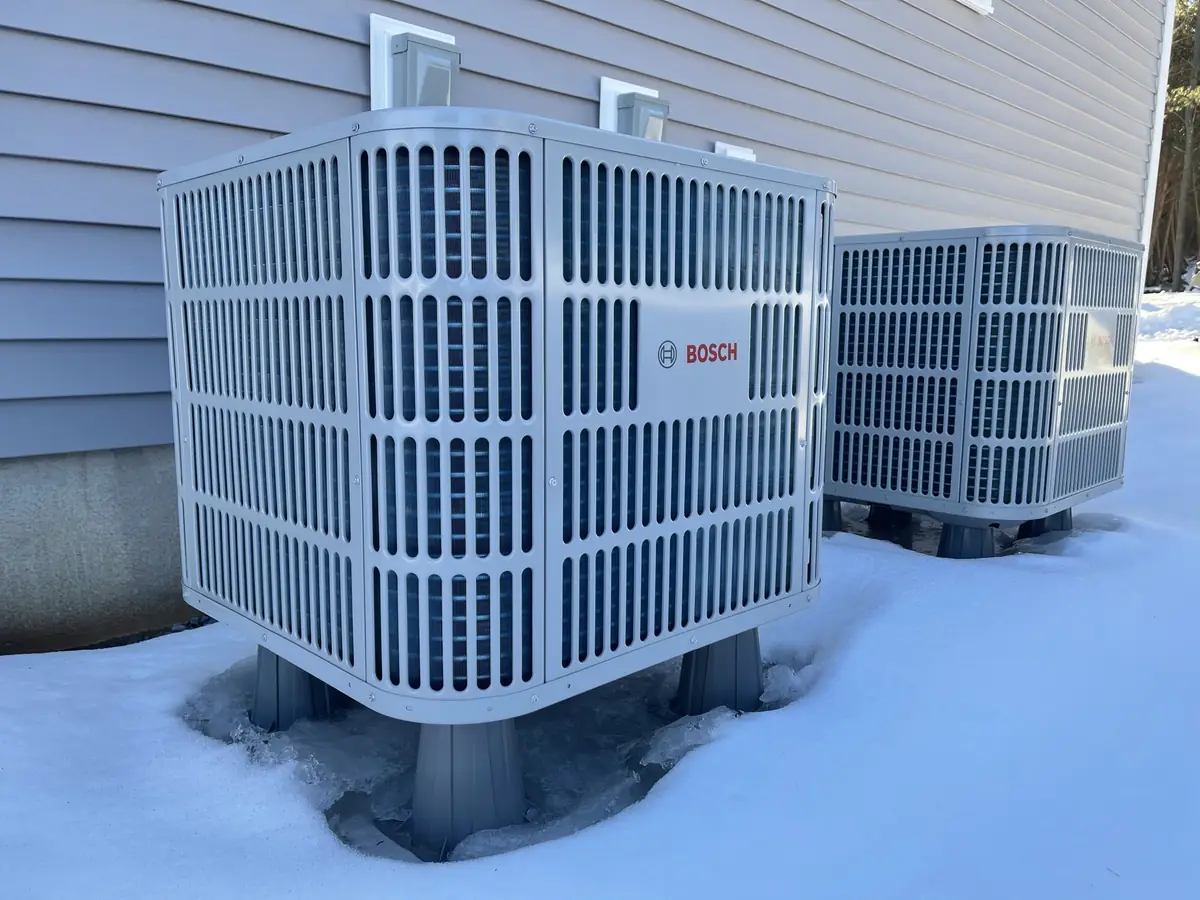 Bosch cold-climate heat pumps operating through a Southern NH winter, installed by A.J. LeBlanc Heating