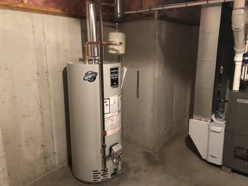 Bradford White Hydrojet gas tank water heater with Defender Safety System installed by A.J. LeBlanc Heating in a Southern NH basement