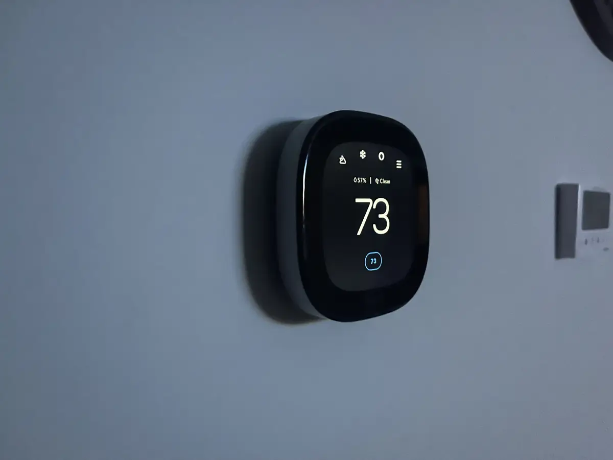 Ecobee Premium smart thermostat installed on a Southern NH wall showing 73 degrees and 57 percent humidity by A.J. LeBlanc Heating
