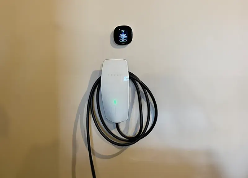 Tesla Wall Connector Gen 2 installation alongside an ecobee thermostat in a Southern NH home