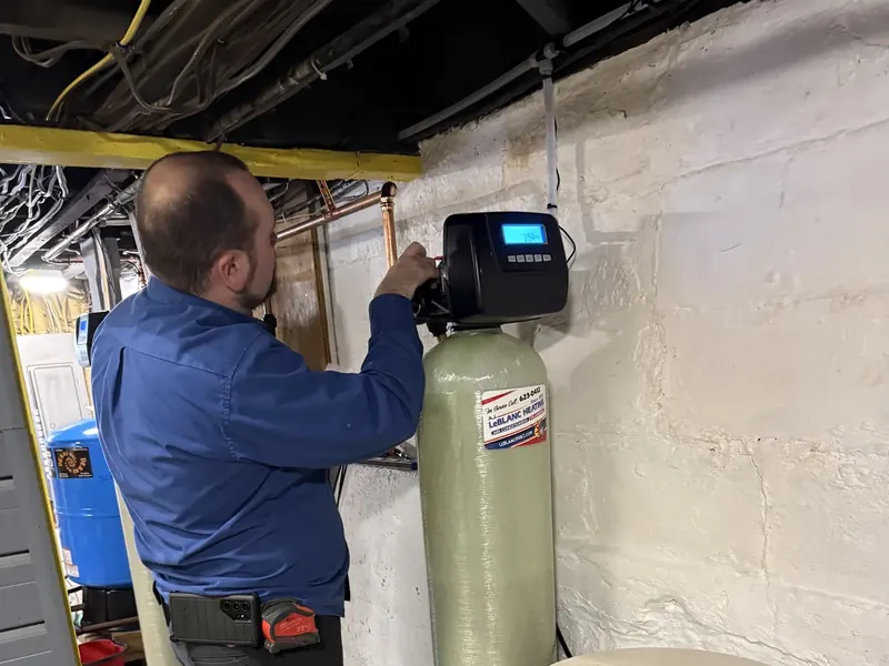 A.J. LeBlanc Heating master plumber programming the digital control head on a whole-house water filtration tank during a service call in Southern NH